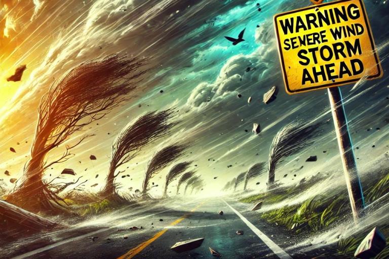 The image features a windswept landscape with trees bending in the wind, debris