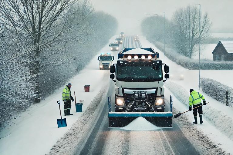 Truck and Snow and Men Clearing Roads