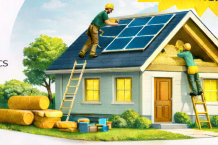 Men with ladders at house and solar panels