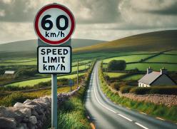 A road sign with speed limit and a house on a rural road