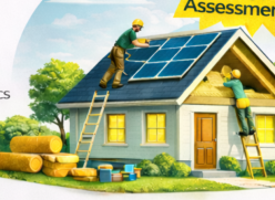 Men with ladders at house and solar panels