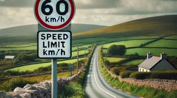 A road sign with speed limit and a house on a rural road