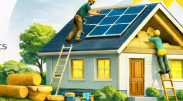 Men with ladders at house and solar panels